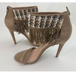 Chinese Laundry Fringe Heels Woven Ankle Strap Stiletto Sandals Womens 8.5 Beige